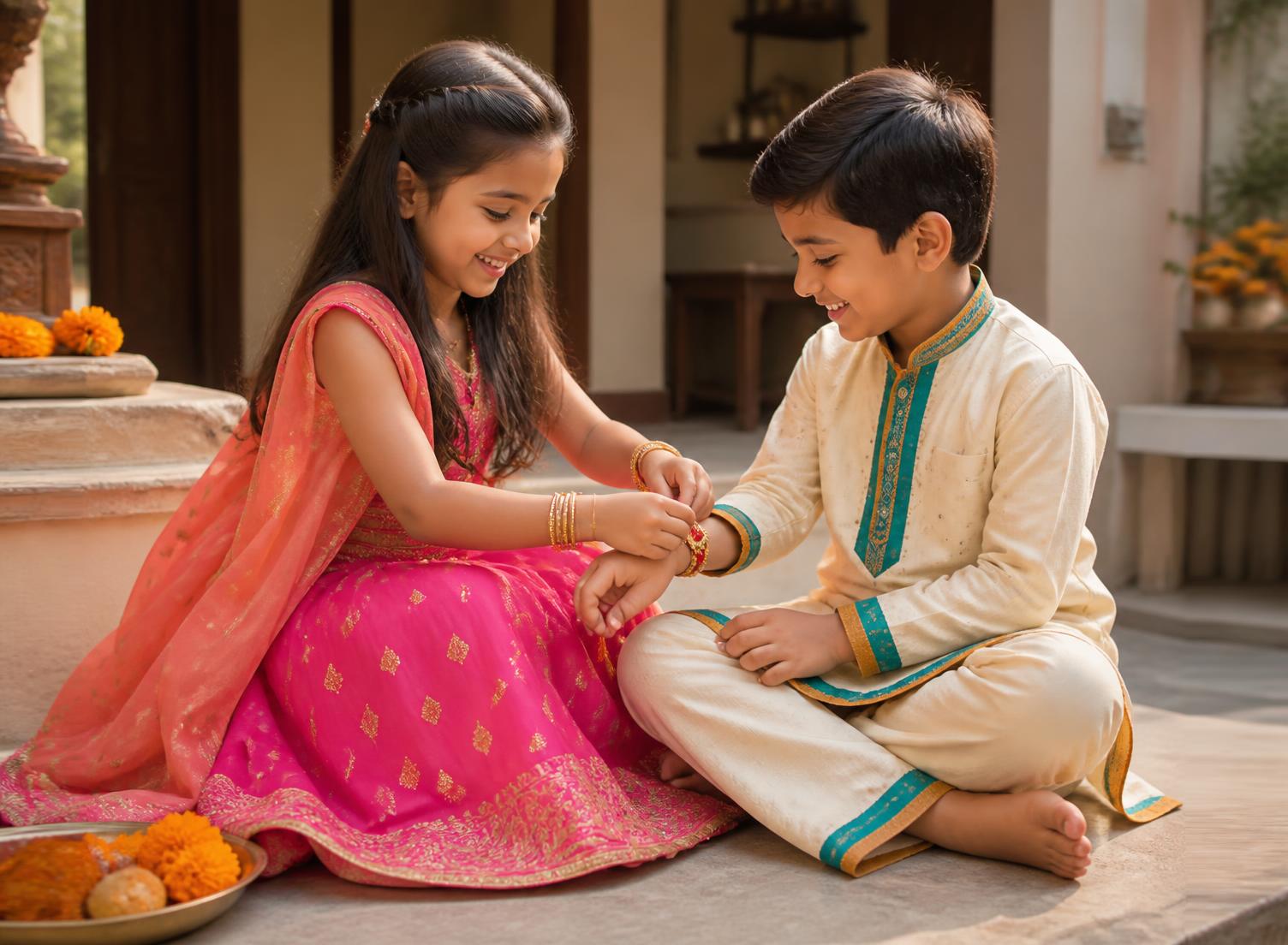Brother and sister sharing a joyful Rakhi moment in contemporary Indian festive clothing