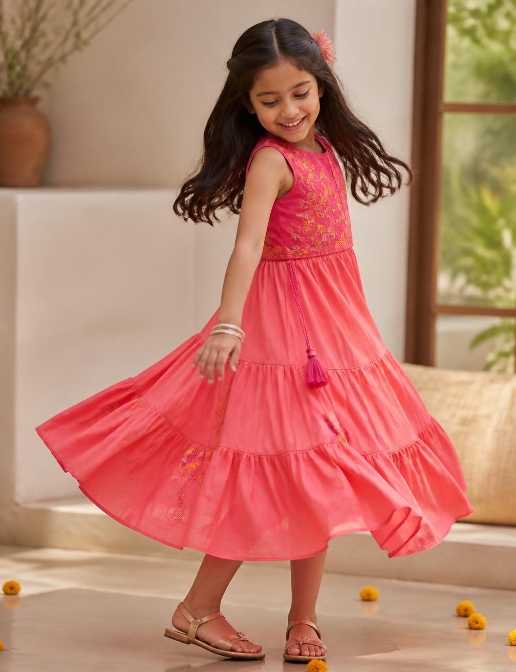 Girl twirling in a coral celebration dress